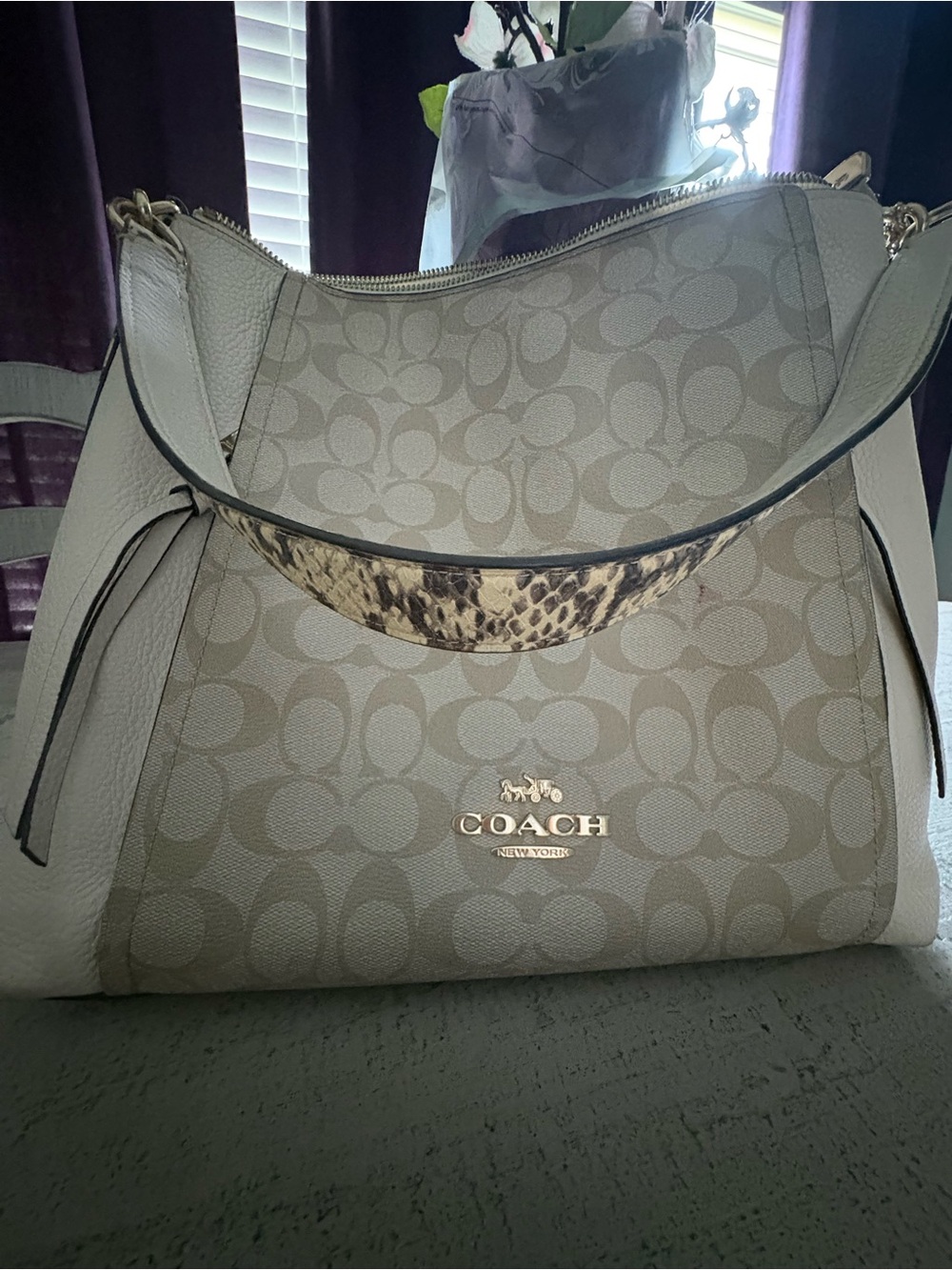 Coach Light Gray Signature Shoulder Bag with Animal-Print Strap Accent